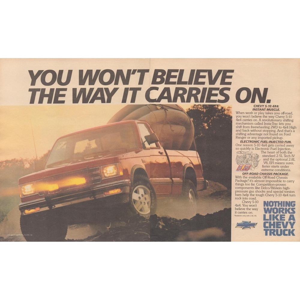 Vintage 1986 Chevy S-10 4x4 Print Ad Red Pickup Truck Off-Road Garage Decor